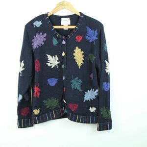 Vintage 90s Quirky Cardigan Novelty Leaf‎ Artsy Cozy Cottagecore Embroidered S